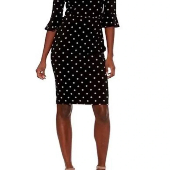 NEW Old Navy Black Gray Polka Dot Ponte Sheath Bell Ruffle Sleeve Dress Medium - Picture 2 of 6